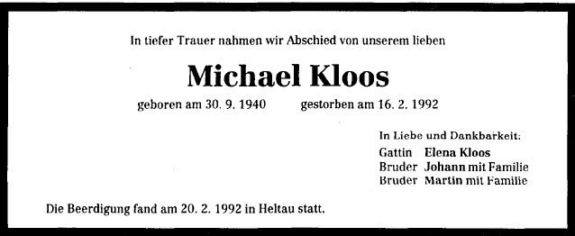 Kloos michael 1940-1992 Todesanzeige